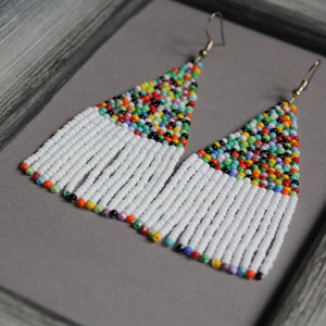 White Seed Bead Fringe Earrings: Colorful Boho Dangle Earrings