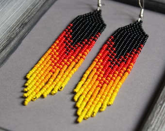 Fire red beaded earrings Black Yellow Fringe earrings Long earrings Dangle earrings Seed bead earrings Chandelier earring Beadwork earrings