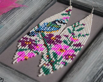 Bird tit beaded earrings Ukrainian fucshia floral Fringe Seed bead earrings Spring Bright flowers earrings Beadwork dangle earring Long Boho