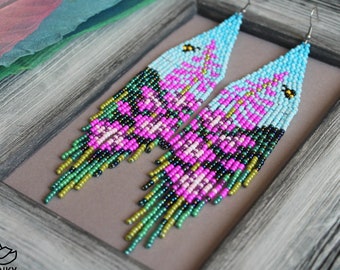 Mountain landscape beaded earrings Fireweed flowers beadwork earrings Pink floral Fringe Seed bead earring Spring Bright dangle earring Long