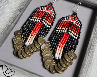 Coins style earrings Black Red fringe Beaded Earrings Seed bead earrings Dangle boho earrings Red chandelier earrings Red beadwork earrings