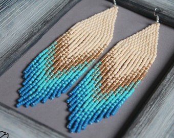 Marine long earrings Blue gold beaded earrings Seed bead earrings Ocean colors Beadwork earrings Blue chandelier earrings Fringe dangle