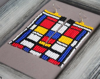 Mondrian inspired beaded earrings Abstract geometric earrings Artistic Beadwork earrings Art lover Seed bead Boho earrings Blue red earring