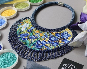 Van Gogh irises inspired beaded necklace Flowers Artistic embroidered necklace Art lover gift Seed bead Boho floral nature Beadwork necklace