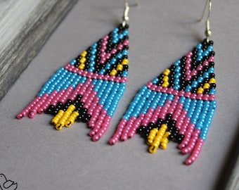 Pink blue seed bead earrings Azure Fringe earrings Beaded earrings Blue Chandelier earrings Boho Beadwork earrings Dangle earrings Geometric