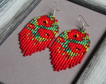 Claude Monet inspired earrings Artistic earrings Impressionism Red Long earrings Beaded earring Red Seed bead earrings Boho Beadwork earring