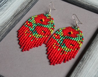 Pendientes inspirados en Claude Monet Pendientes artísticos Impresionismo Rojo Pendientes largos Pendientes con cuentas Pendientes de cuentas de semillas rojas Pendientes Boho Beadwork