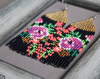 Beaded Rose Earrings: Long Boho Floral Fringe, Seed Bead Beadwork