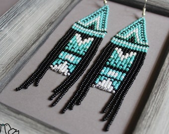 Turquoise fringe earrings Beaded earrings Long earrings Blue chandelier earrings Boho Beadwork earrings Dangle earrings Seed bead earrings