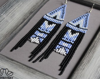 Blue Beaded earrings Long earrings Blue chandelier earrings Boho Beadwork earrings Fringe earrings Dangle seed bead earring blue black white