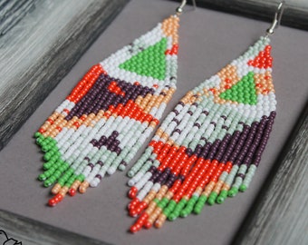 Orange green beaded earrings Geometric earrings Abstract beaded earrings Boho earrings Colorful earrings Beadwork earrings Seed bead earring