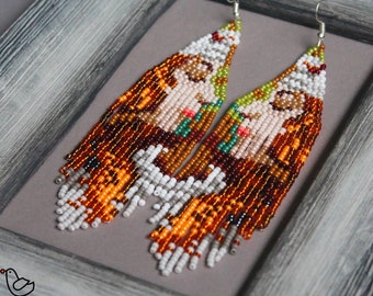 Alphonse Mucha inspired beaded earrings Portrait earrings Artistic Beadwork earrings Art lover Seed bead Boho earrings Orange woman earring