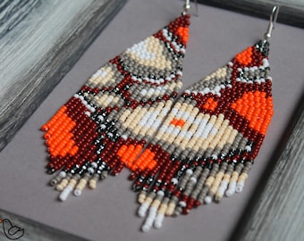 Orange Abstract Beaded Earrings: Boho Fringe Beadwork