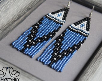 Blue Fringe beaded earrings Stylish earrings Luxury dangle earrings Seed bead earrings Modern earrings Chandelier earrings Boho earrings