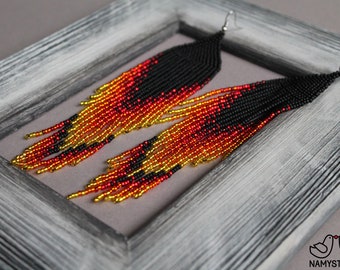 Fire Red Beaded Fringe Earrings: Sterling Silver Dangle Earrings