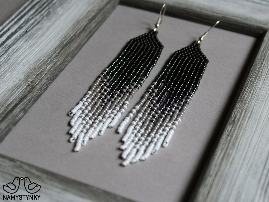 Buy Gray Beaded Earrings Gray Ombre White Seed Bead Earrings Long