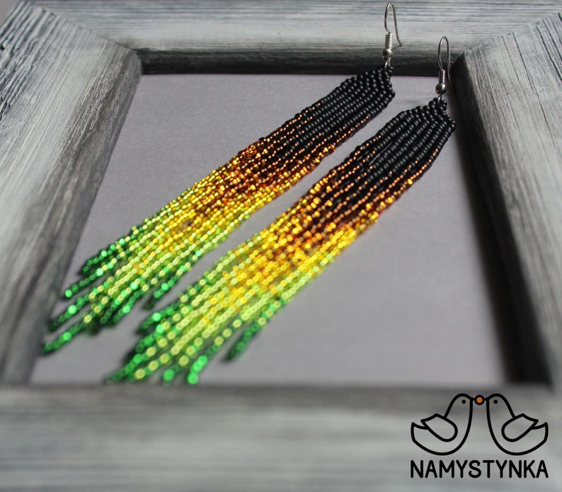 Yellow Seed Bead Earrings Long Beaded Earrings Shining Etsy