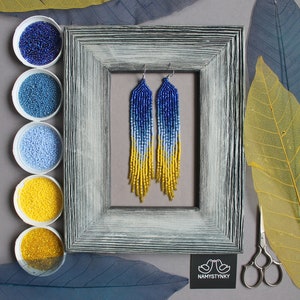 Ukrainian blue yellow beaded earrings Shining ombre earrings Long Fringe earrings Seed bead Chandelier earrings Boho beadwork earring Dangle image 9