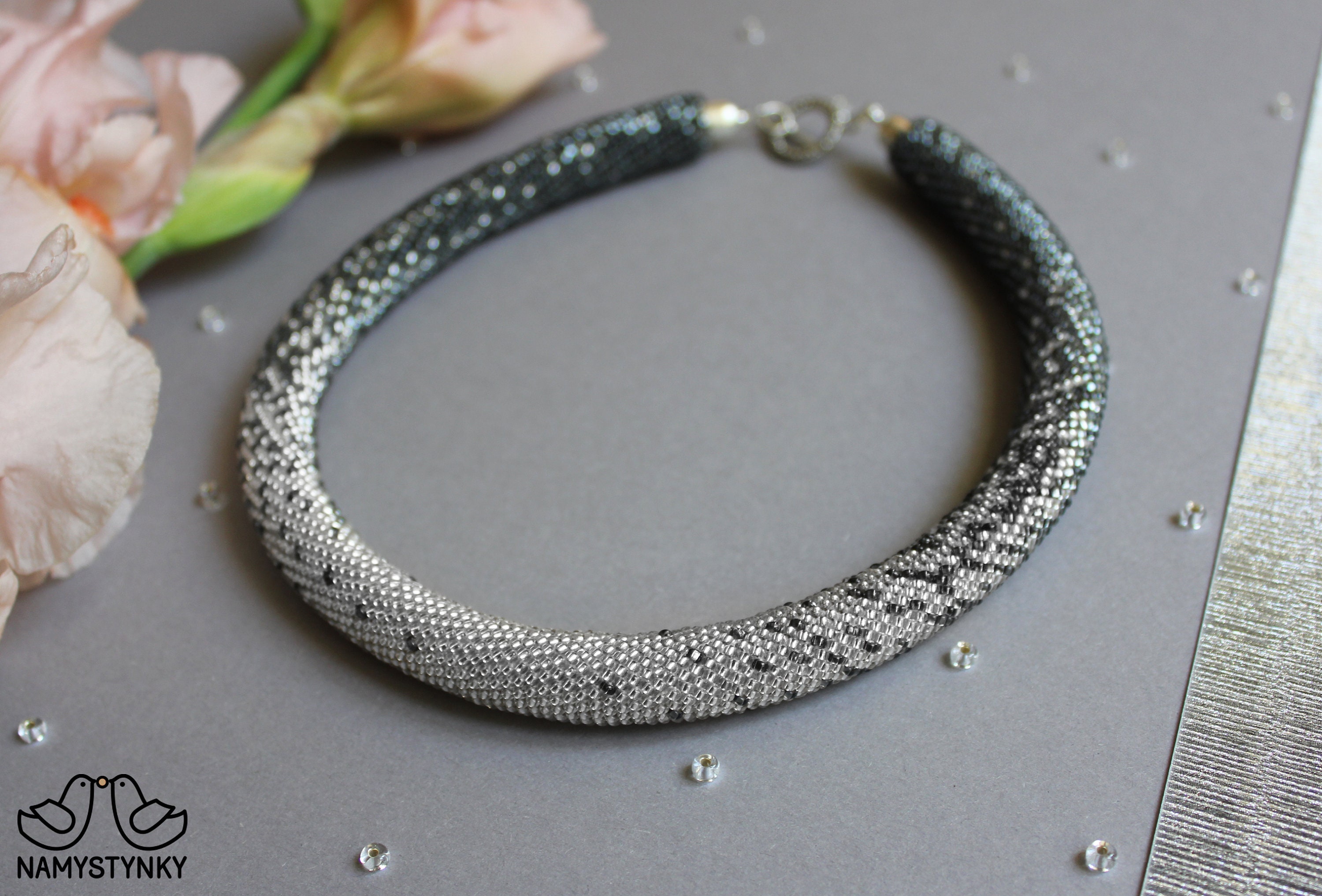 Shiny crochet necklace Beaded necklace Silver Modern necklace Etsy