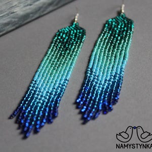 Turquoise kralen oorbellen Lange oorbellen Fringe oorbellen Ombre oorbellen Zaad kraal oorbellen Kroonluchter oorbel Boho kralenwerk oorbellen Bungelen afbeelding 6