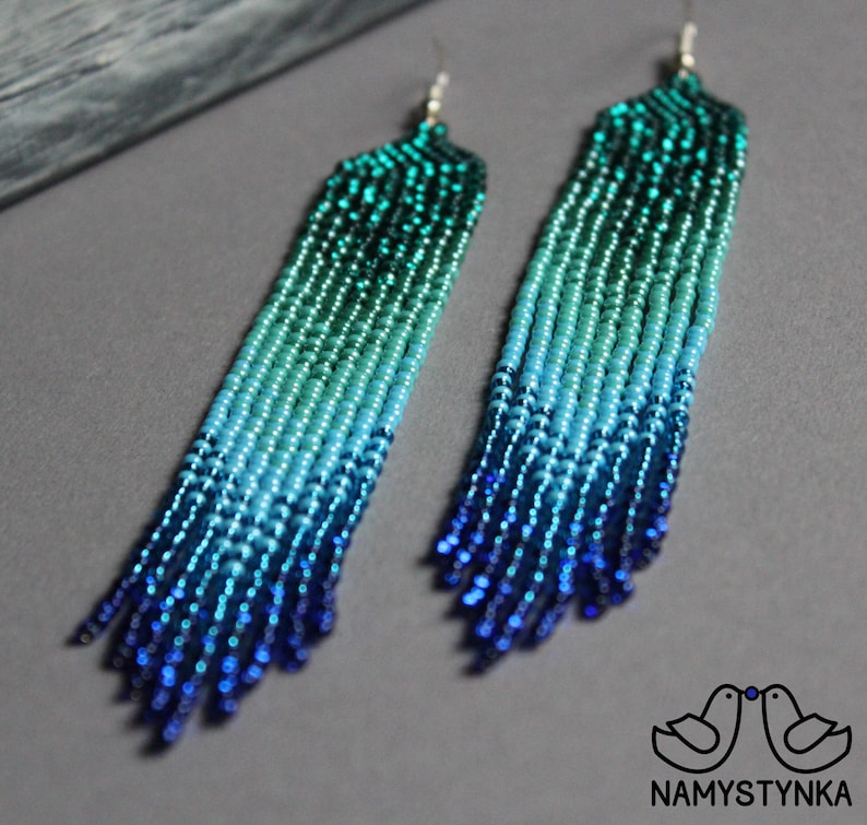 Turquoise kralen oorbellen Lange oorbellen Fringe oorbellen Ombre oorbellen Zaad kraal oorbellen Kroonluchter oorbel Boho kralenwerk oorbellen Bungelen afbeelding 6