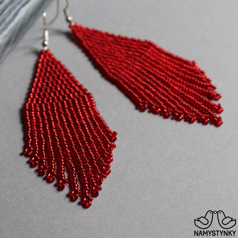 Red Beaded Earrings Shining Evening Earrings Red Long Earrings - Etsy