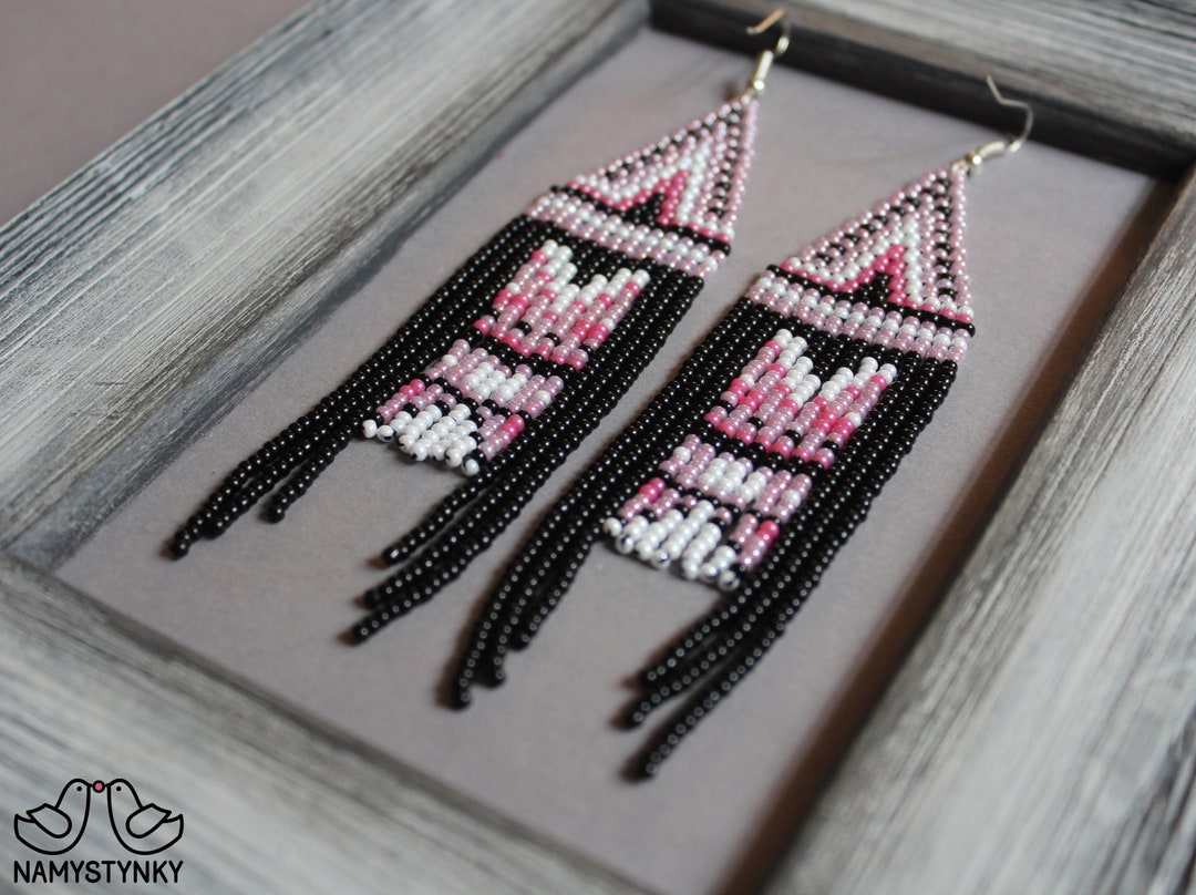Rose Beaded Earrings Long Earrings Pink Chandelier Earrings Boho ...