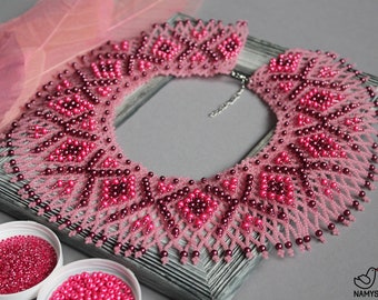 Pink Burgundy Beaded Collar Necklace, Ukrainian Silyanka
