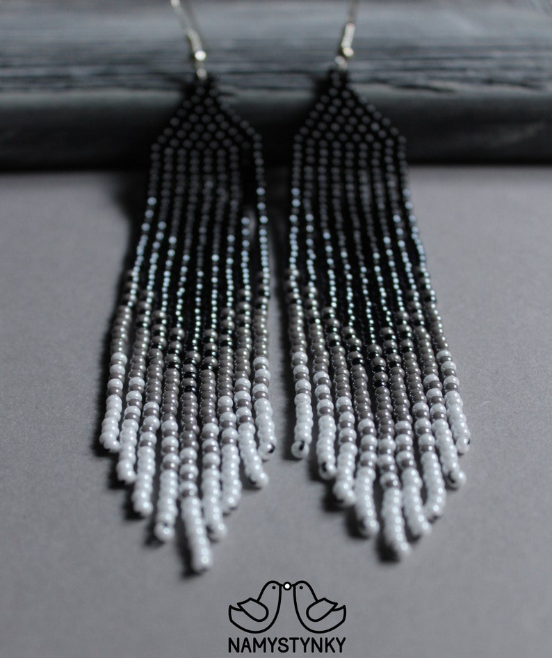 Gray Beaded Earrings Gray Ombre White Seed Bead Earrings Long Etsy