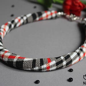 Gray Tartan Beaded Necklace: Crochet Boho Choker