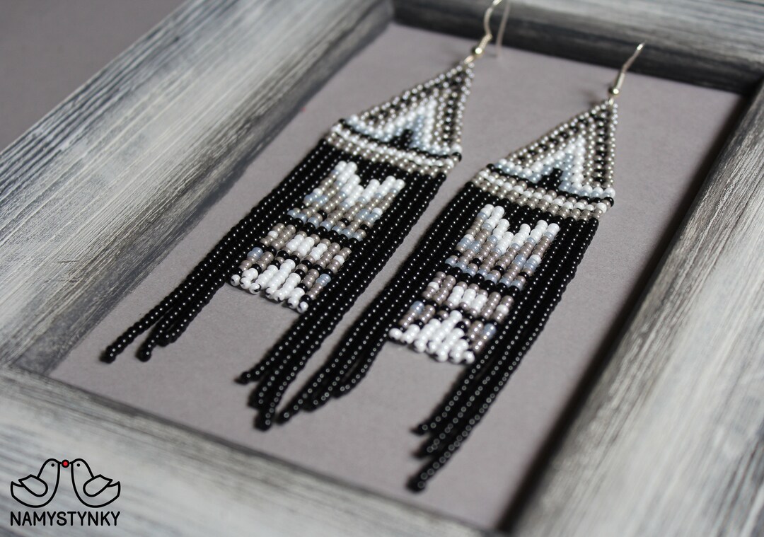 Gray Fringe Beaded Earrings: Seed Bead Boho Beadwork Dangle Earrings - Etsy