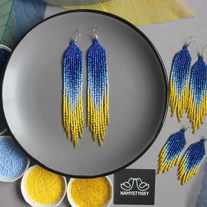 Ukrainian blue yellow beaded earrings Shining ombre earrings Long Fringe earrings Seed bead Chandelier earrings Boho beadwork earring Dangle image 4