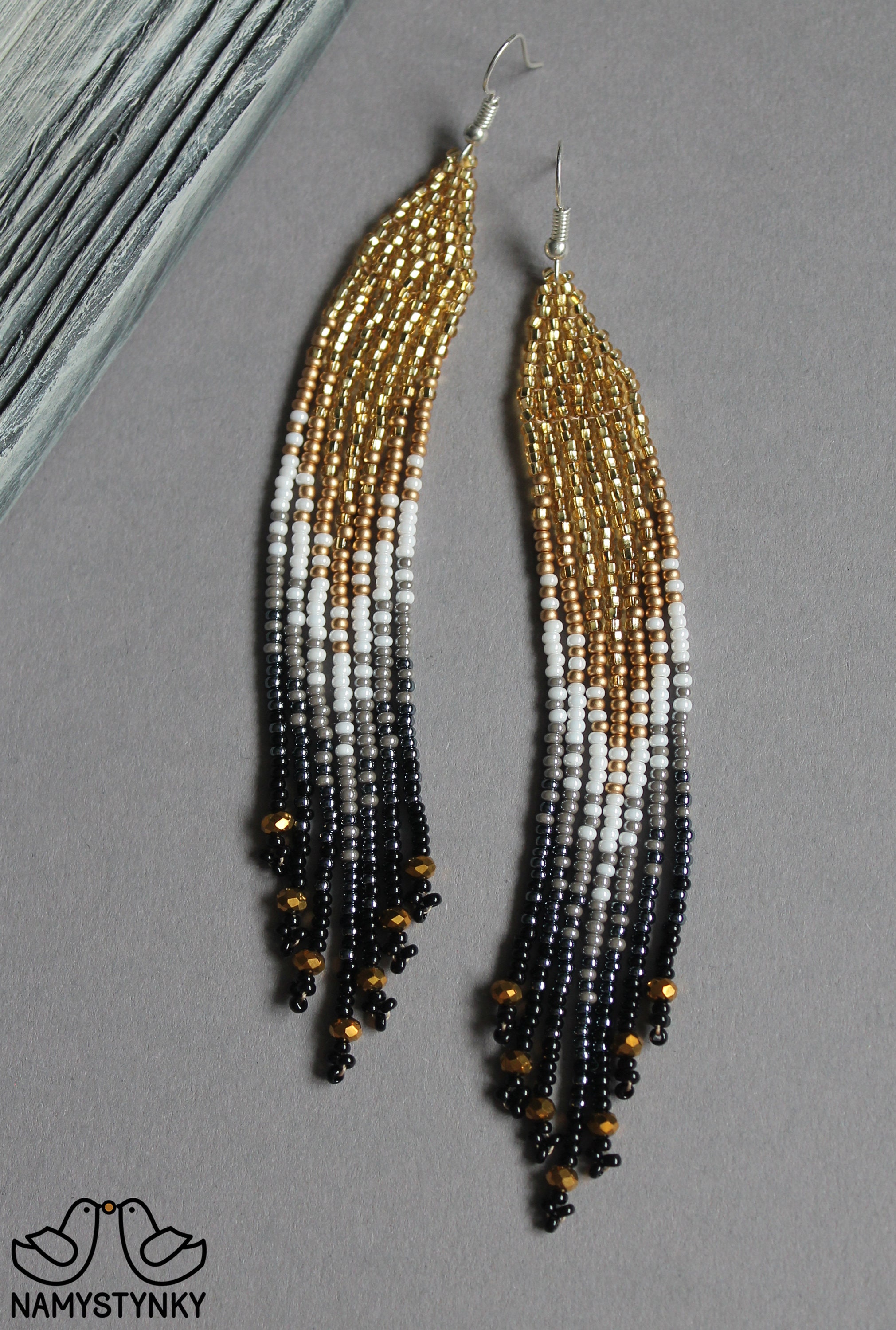 Gold Gray Beaded Earrings Crystal Earrings Evening Seed Bead - Etsy
