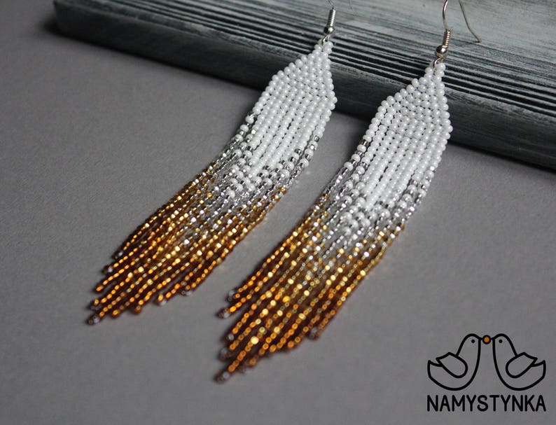 Gold Beaded Earrings Evening Long Earrings White Handmade Etsy