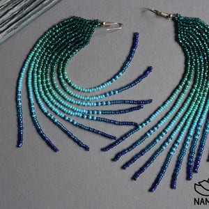 Turquoise kralen oorbellen Lange oorbellen Fringe oorbellen Ombre oorbellen Zaad kraal oorbellen Kroonluchter oorbel Boho kralenwerk oorbellen Bungelen afbeelding 5