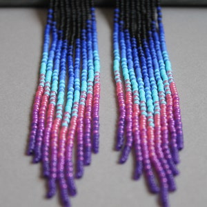 Blue purple beaded earrings Ultra violet fringe earrings Blue pink long earrings Dangle earrings Seed bead earrings Chandelier earrings zdjęcie 10