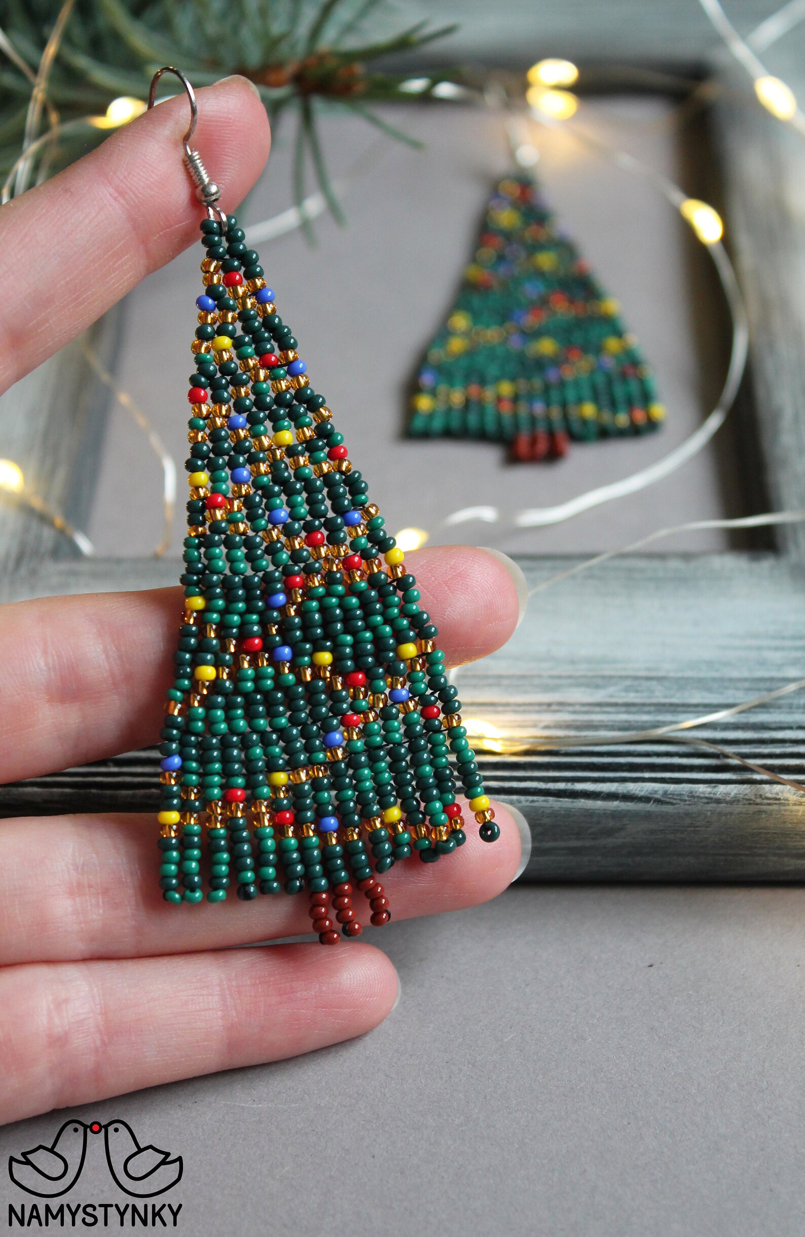 Christmas Tree Beaded Earrings New Year Earrings Green Long Etsy