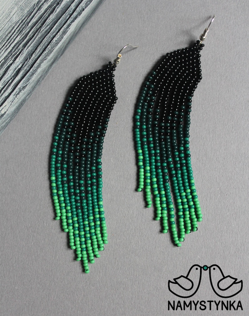 Black Green Beaded Earrings Long Earrings Seed Bead Earrings Etsy