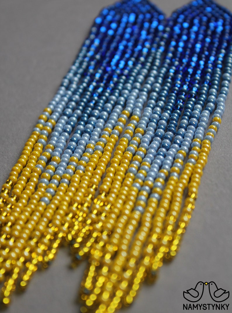 Ukrainian blue yellow beaded earrings Shining ombre earrings Long Fringe earrings Seed bead Chandelier earrings Boho beadwork earring Dangle image 6