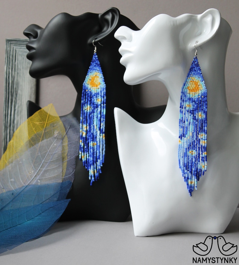 Van Gogh inspired beaded earrings Starry night dangle earrings Artistic earring Art lover gift Seed bead Boho earring Sky Landscape Beadwork image 8