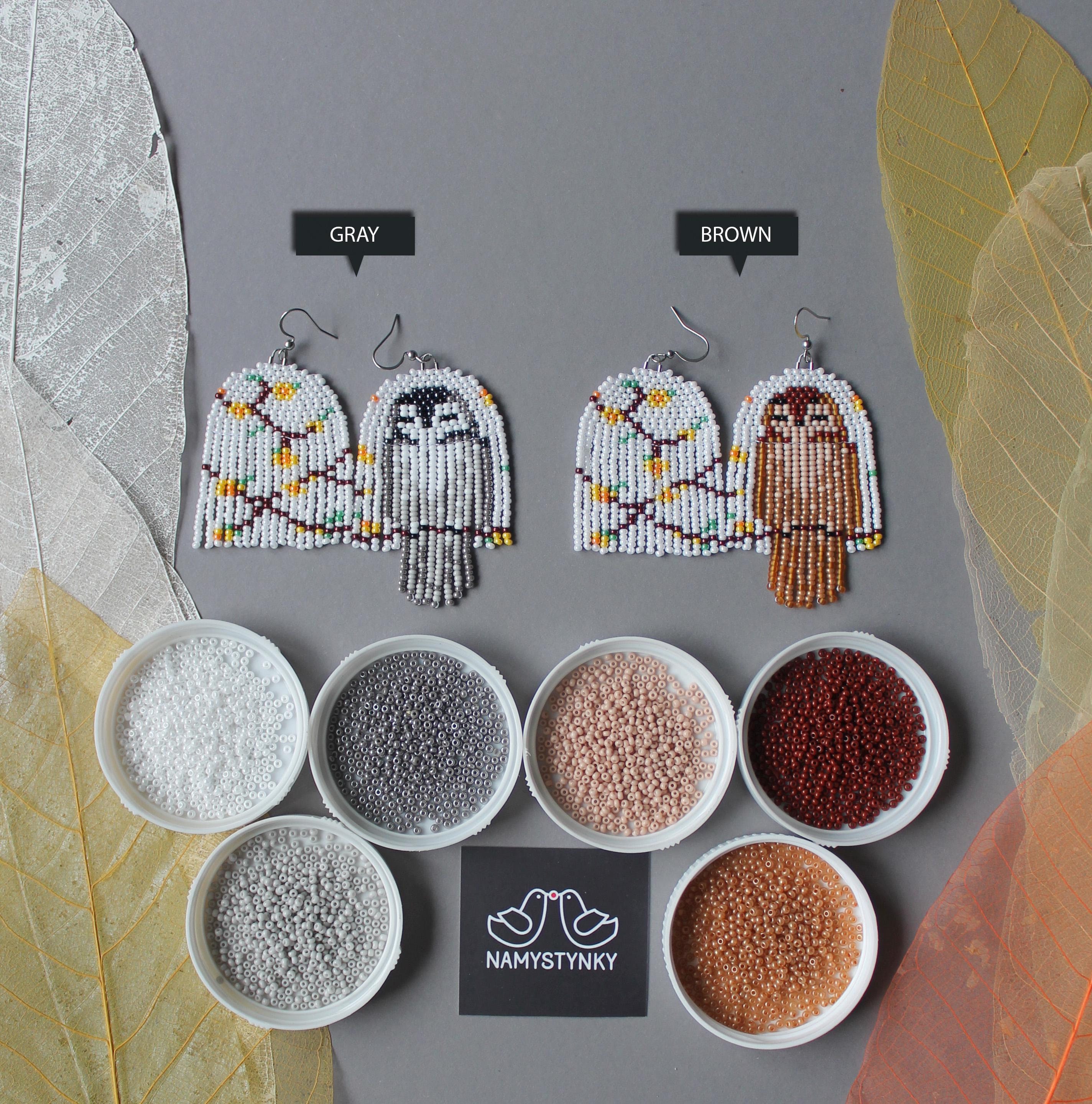 Owl Beaded Earrings: White Fringe Seed Bead Dangle Earrings