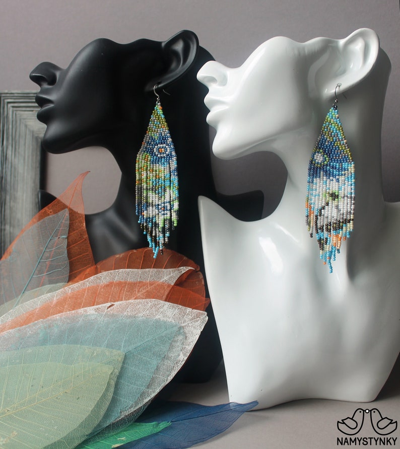 Flower Cornflower Beaded Earrings Blue White Floral Fringe Etsy