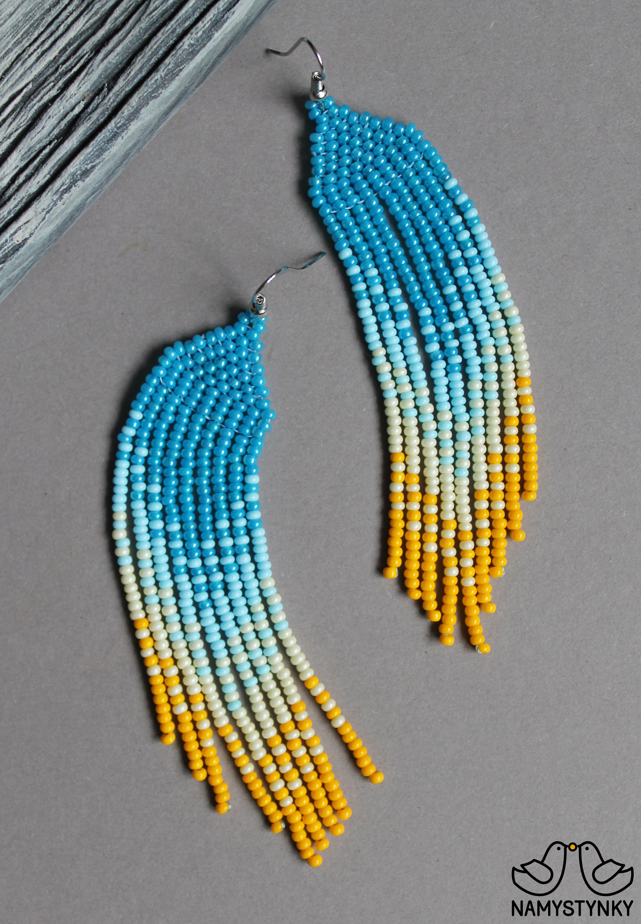 Blue yellow beaded earrings Colorful Long fringe earrings Etsy