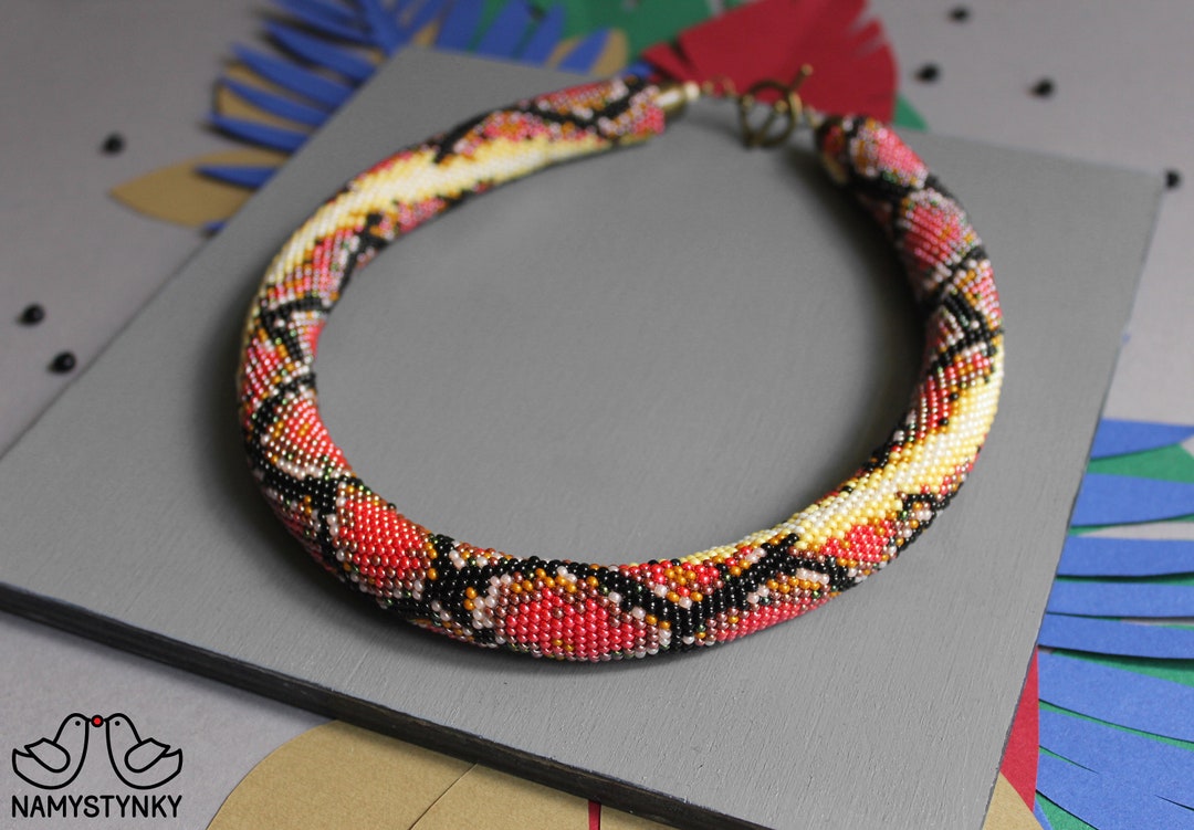 Red Snake Necklace Crochet Necklace Beaded Necklace Snake - Etsy