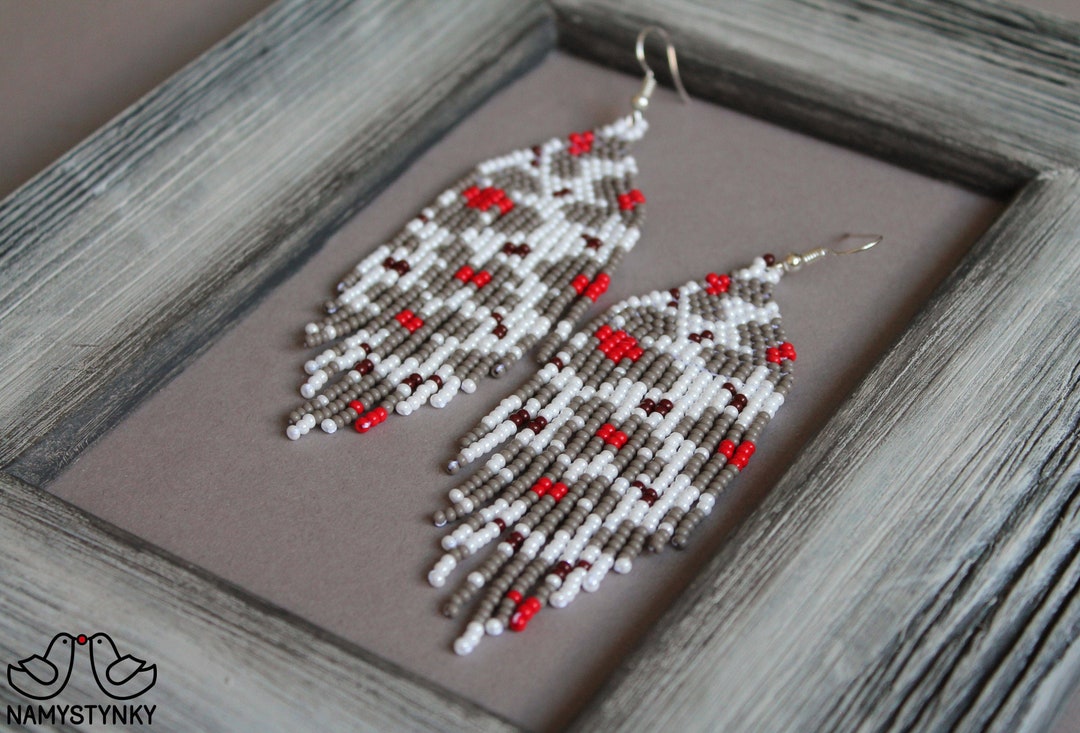 Floral Beaded Earrings Flowers Fringe Earrings White Gray Red Earrings ...