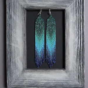 Turquoise kralen oorbellen Lange oorbellen Fringe oorbellen Ombre oorbellen Zaad kraal oorbellen Kroonluchter oorbel Boho kralenwerk oorbellen Bungelen afbeelding 9