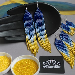 Ukrainian blue yellow beaded earrings Shining ombre earrings Long Fringe earrings Seed bead Chandelier earrings Boho beadwork earring Dangle image 8