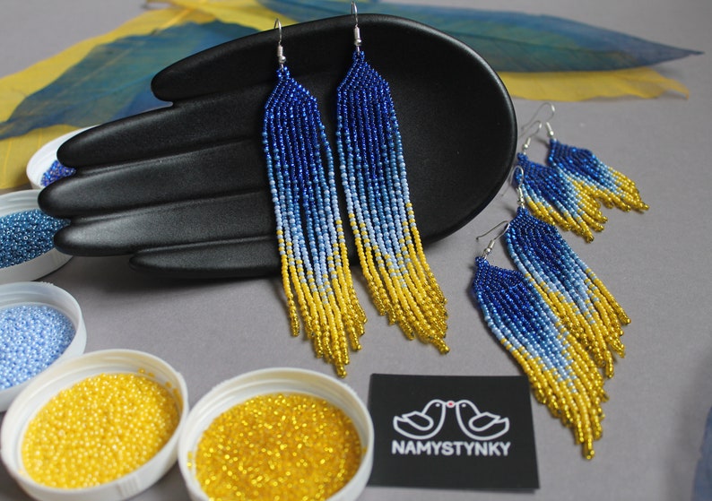 Ukrainian blue yellow beaded earrings Shining ombre earrings Long Fringe earrings Seed bead Chandelier earrings Boho beadwork earring Dangle image 8