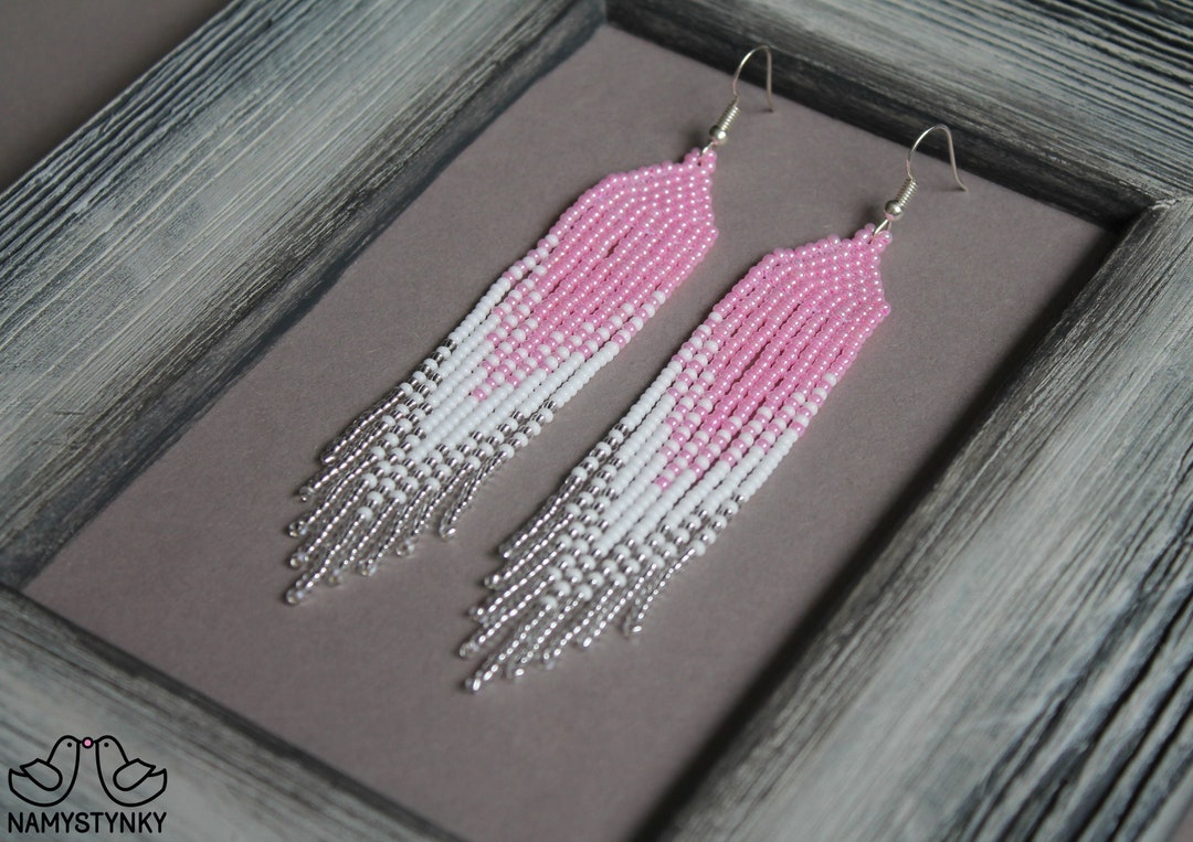 Rose Beaded Earrings Long Earrings Pastel Earrings Seed Bead Etsy