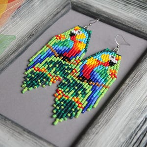 Parrot Bird beaded earrings Macaw Tropical colorful red nature Fringe Seed bead earrings Bright earrings Beadwork dangle earring Long Boho